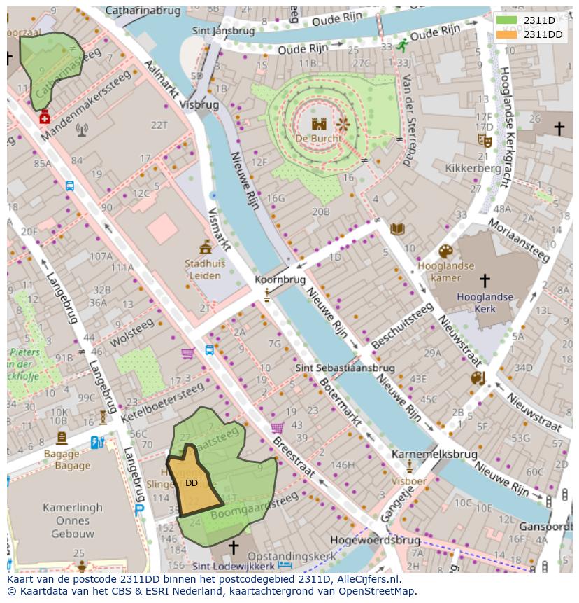 Afbeelding van het postcodegebied 2311 DD op de kaart.