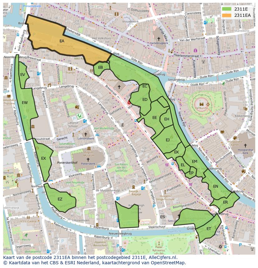 Afbeelding van het postcodegebied 2311 EA op de kaart.