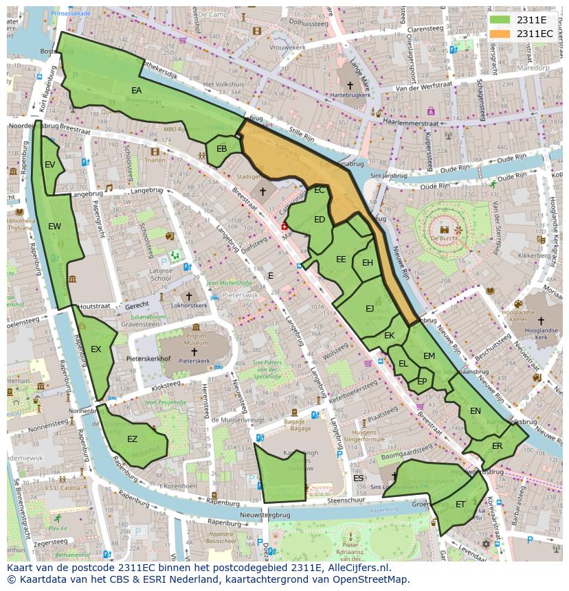 Afbeelding van het postcodegebied 2311 EC op de kaart.