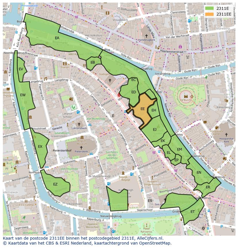 Afbeelding van het postcodegebied 2311 EE op de kaart.