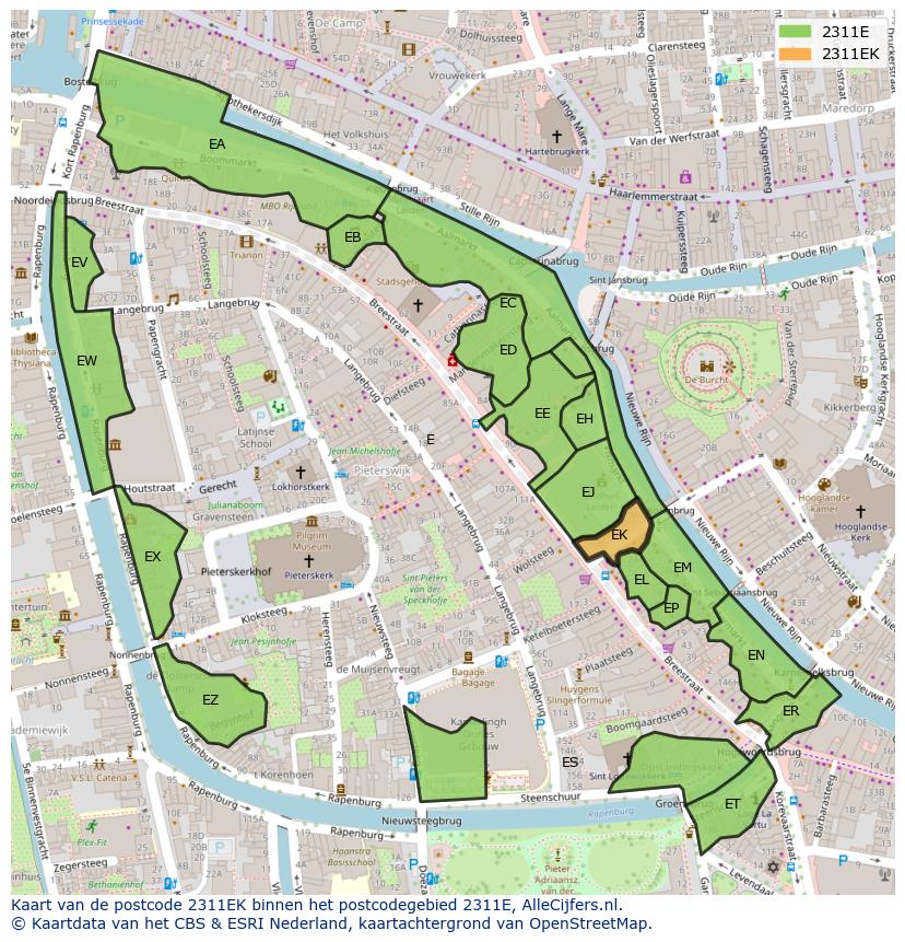 Afbeelding van het postcodegebied 2311 EK op de kaart.