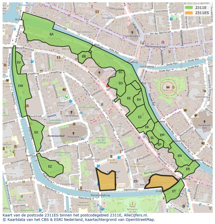 Afbeelding van het postcodegebied 2311 ES op de kaart.