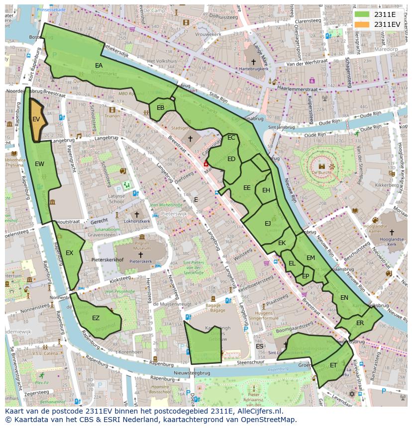 Afbeelding van het postcodegebied 2311 EV op de kaart.