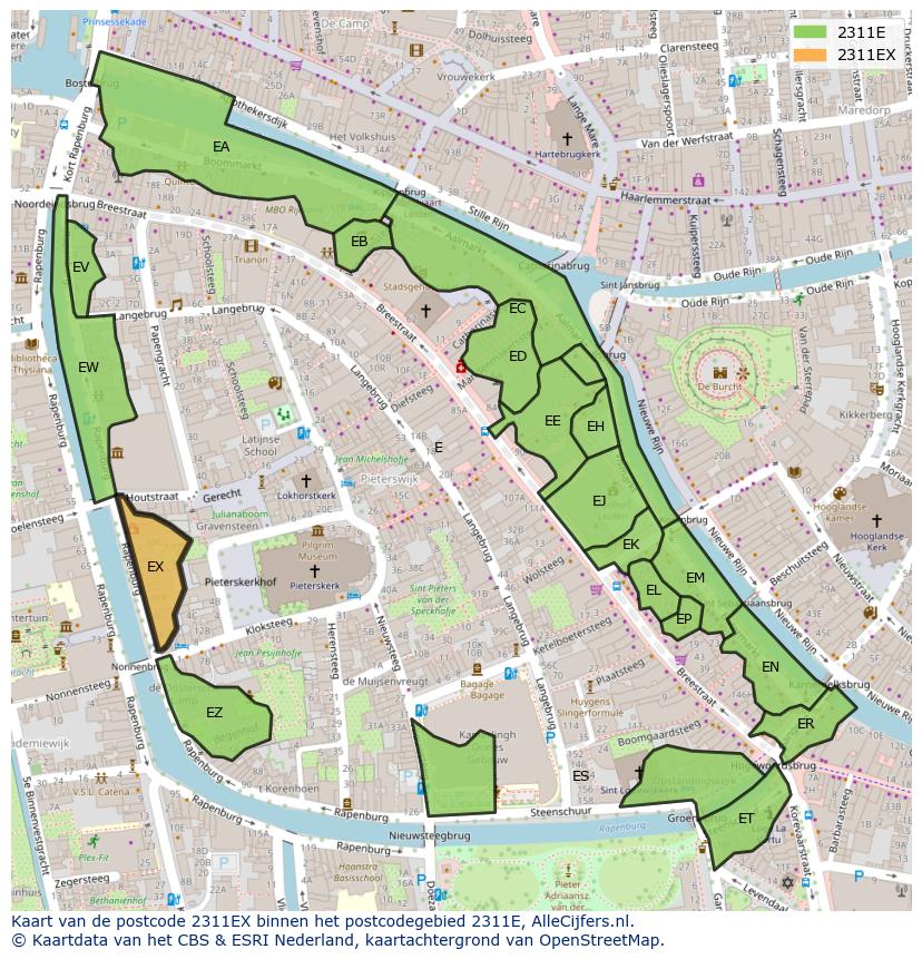 Afbeelding van het postcodegebied 2311 EX op de kaart.