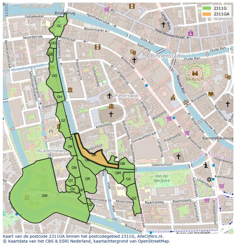 Afbeelding van het postcodegebied 2311 GA op de kaart.