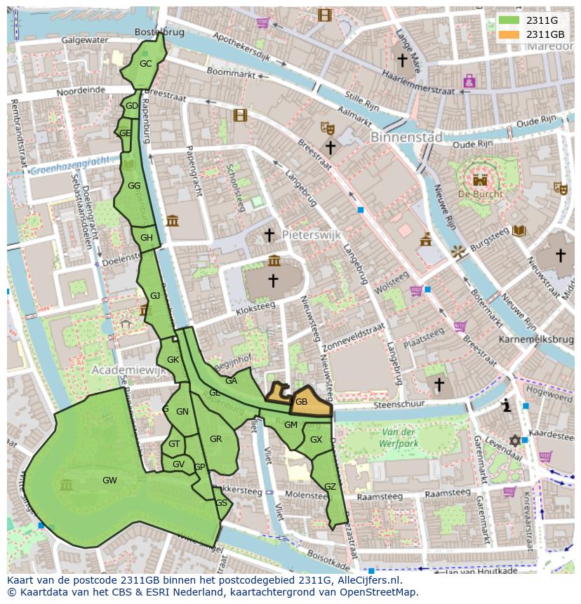 Afbeelding van het postcodegebied 2311 GB op de kaart.