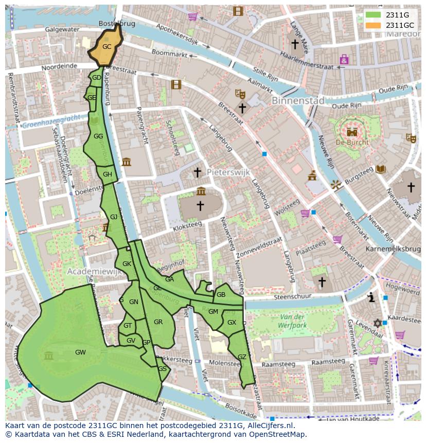 Afbeelding van het postcodegebied 2311 GC op de kaart.
