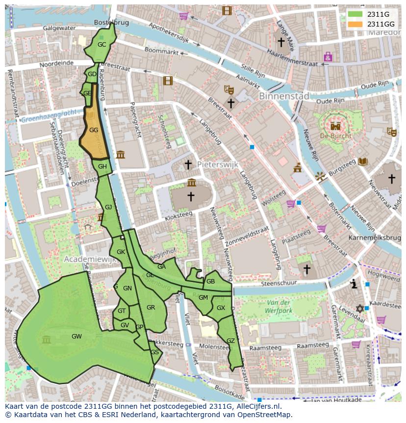 Afbeelding van het postcodegebied 2311 GG op de kaart.