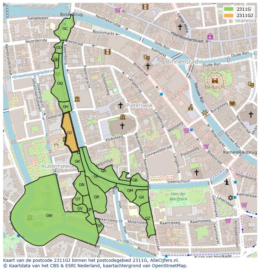 Afbeelding van het postcodegebied 2311 GJ op de kaart.