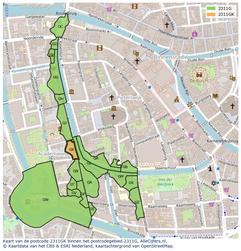 Afbeelding van het postcodegebied 2311 GK op de kaart.