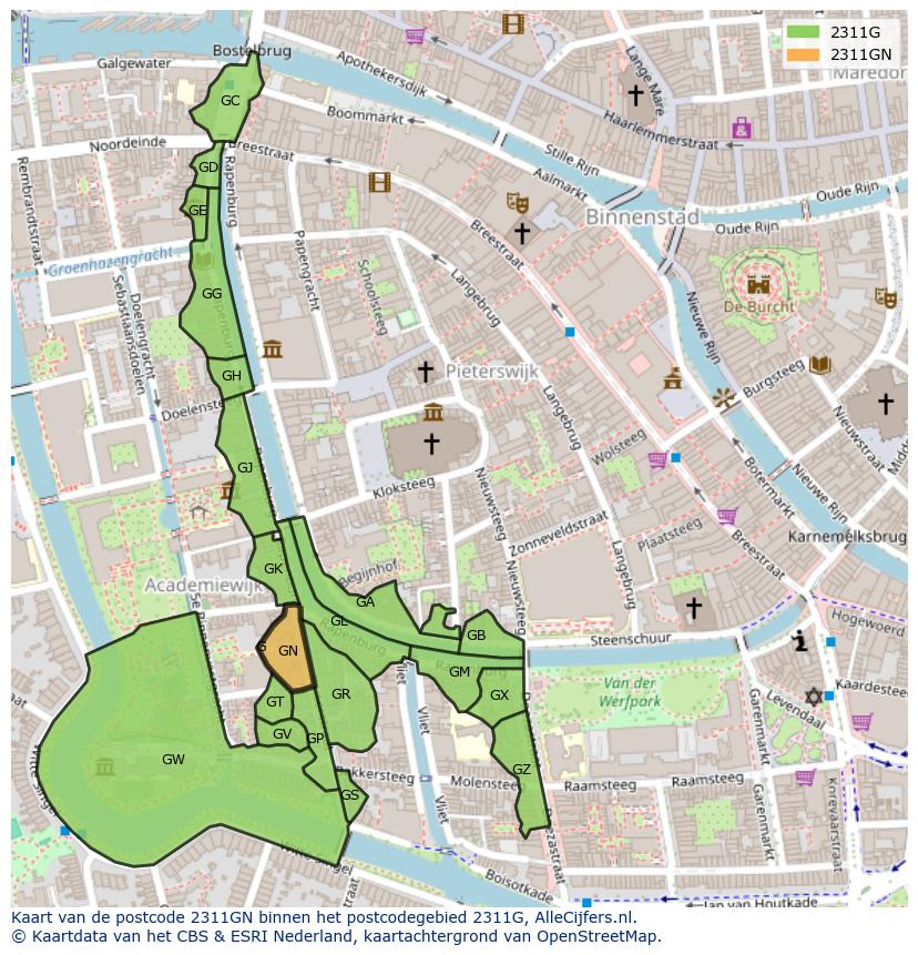 Afbeelding van het postcodegebied 2311 GN op de kaart.
