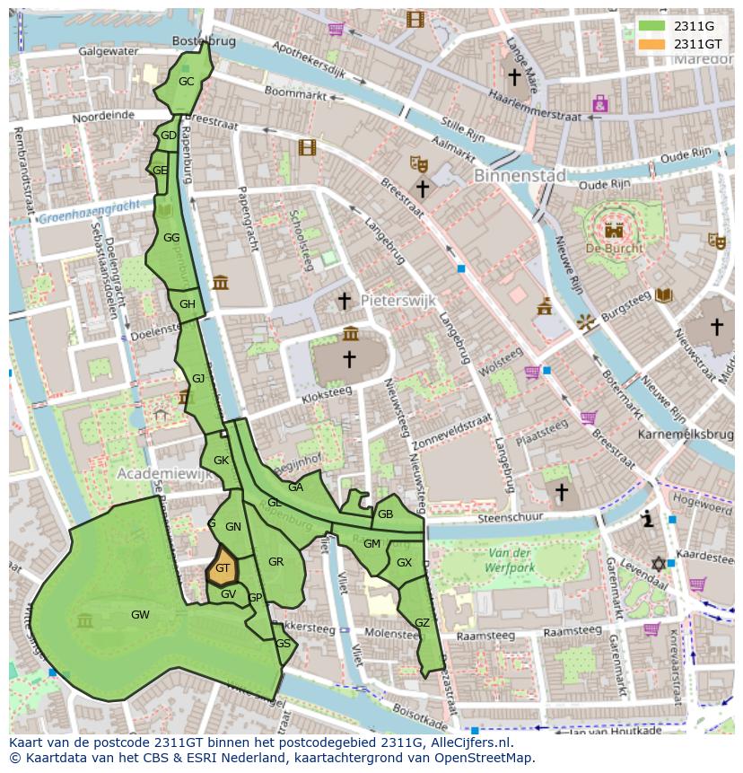 Afbeelding van het postcodegebied 2311 GT op de kaart.