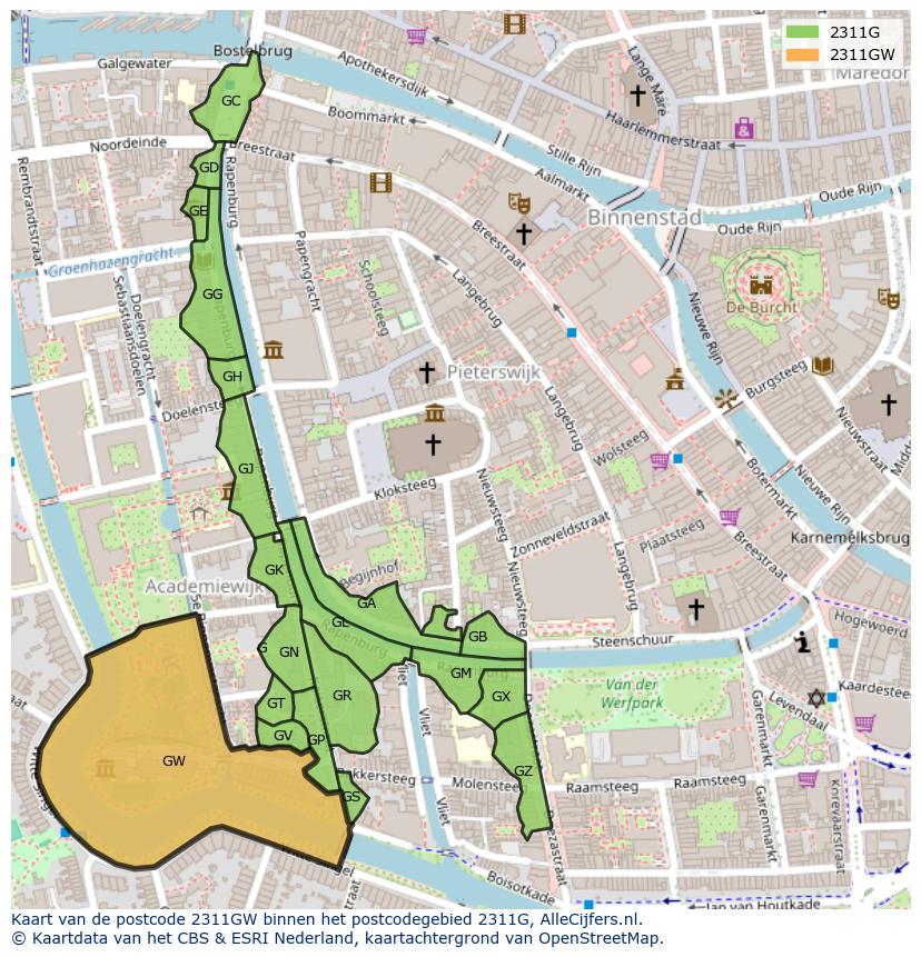 Afbeelding van het postcodegebied 2311 GW op de kaart.