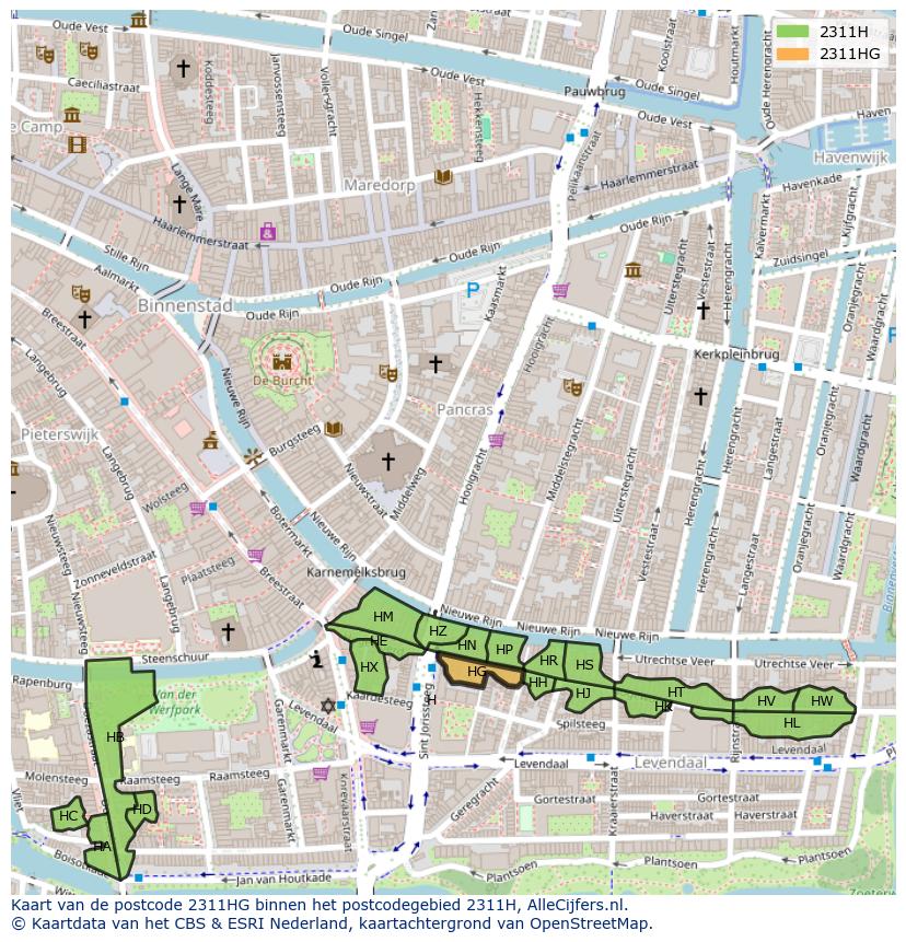 Afbeelding van het postcodegebied 2311 HG op de kaart.