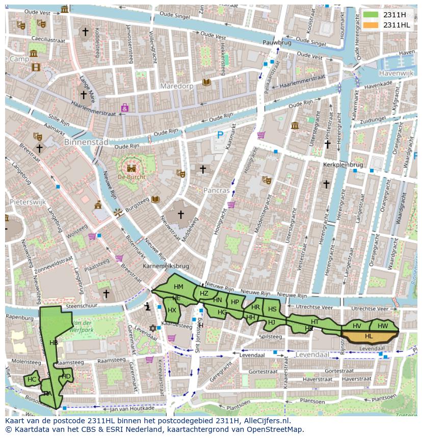 Afbeelding van het postcodegebied 2311 HL op de kaart.