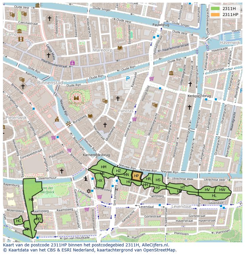 Afbeelding van het postcodegebied 2311 HP op de kaart.