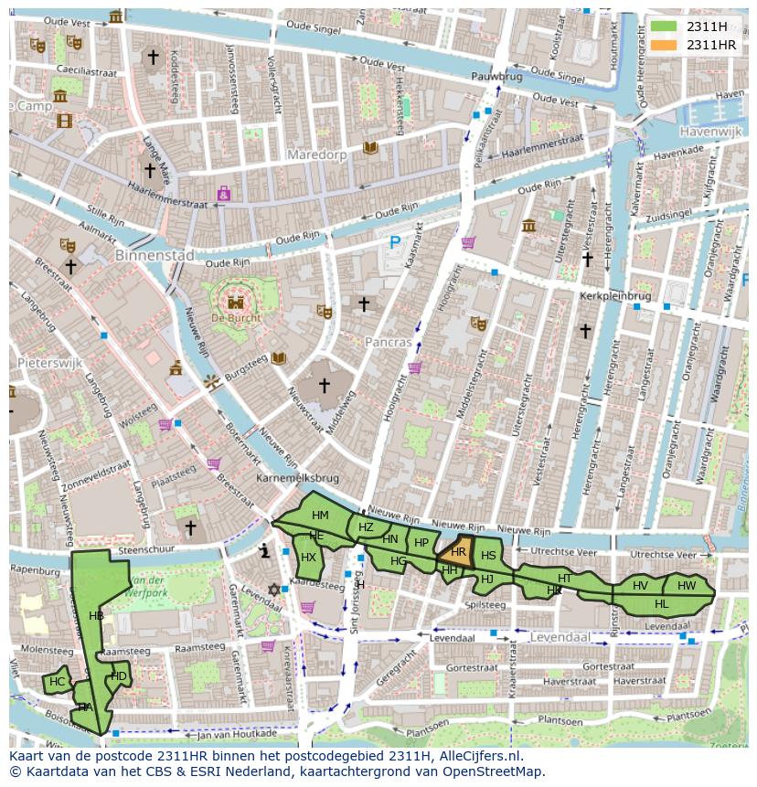 Afbeelding van het postcodegebied 2311 HR op de kaart.