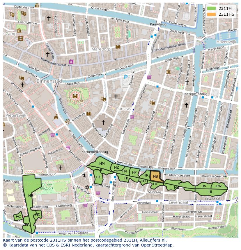 Afbeelding van het postcodegebied 2311 HS op de kaart.