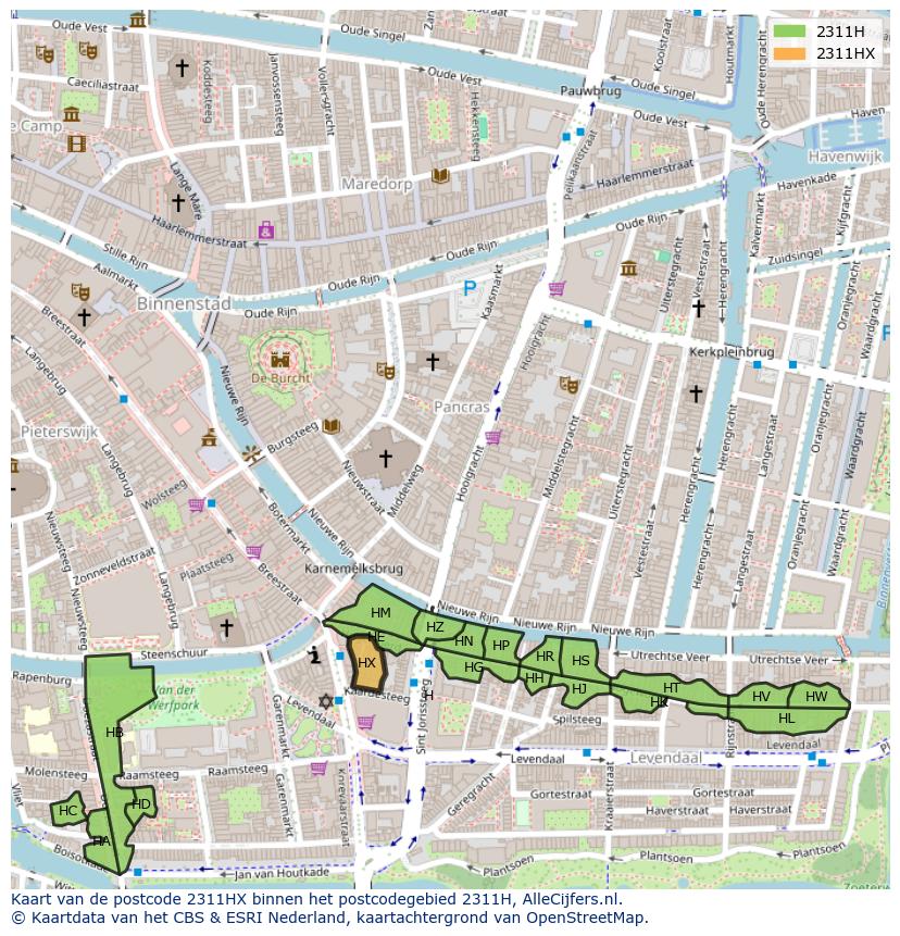 Afbeelding van het postcodegebied 2311 HX op de kaart.