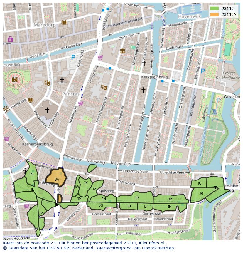 Afbeelding van het postcodegebied 2311 JA op de kaart.