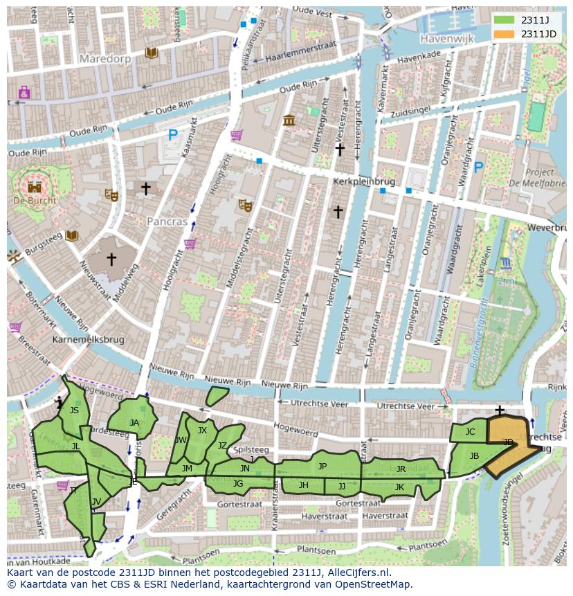 Afbeelding van het postcodegebied 2311 JD op de kaart.