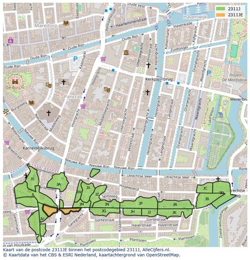 Afbeelding van het postcodegebied 2311 JE op de kaart.