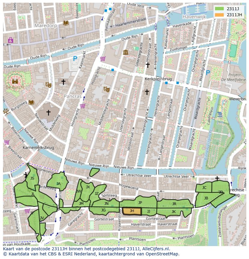 Afbeelding van het postcodegebied 2311 JH op de kaart.