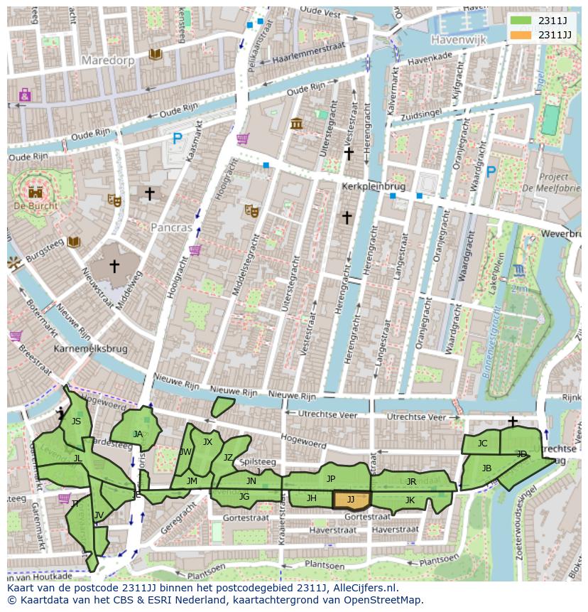 Afbeelding van het postcodegebied 2311 JJ op de kaart.