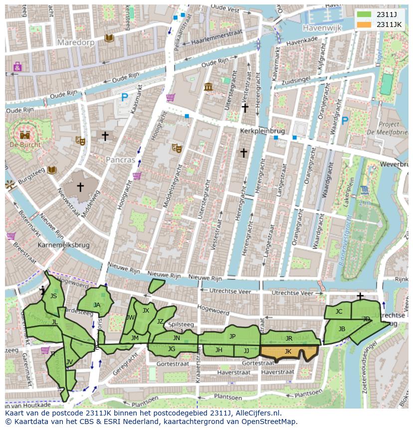 Afbeelding van het postcodegebied 2311 JK op de kaart.
