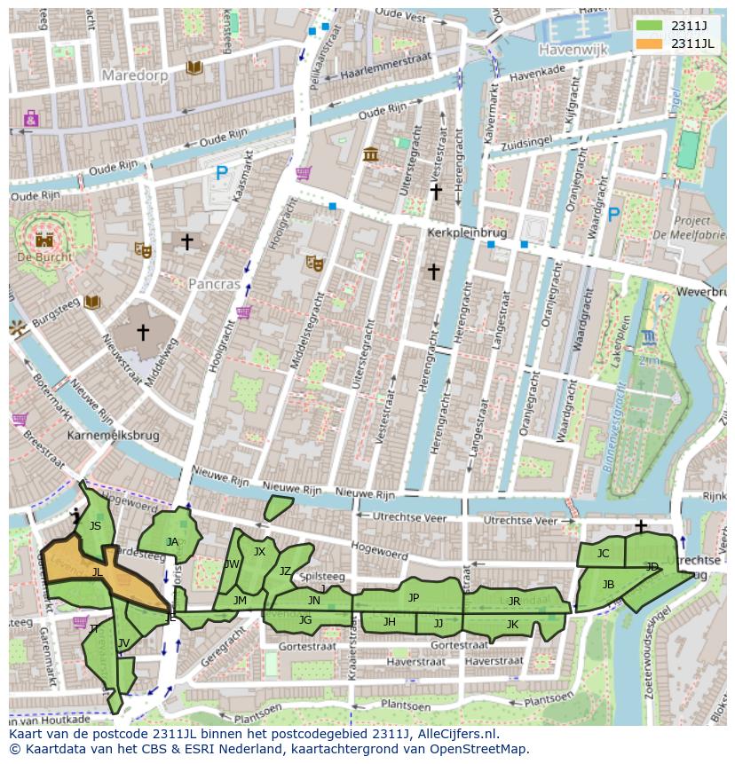 Afbeelding van het postcodegebied 2311 JL op de kaart.