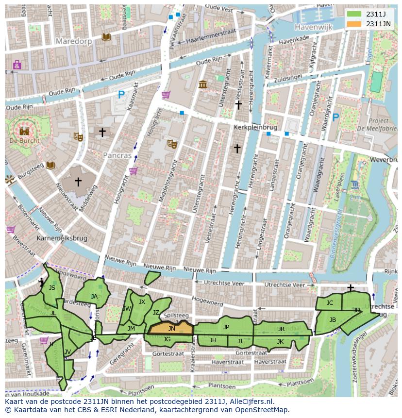Afbeelding van het postcodegebied 2311 JN op de kaart.