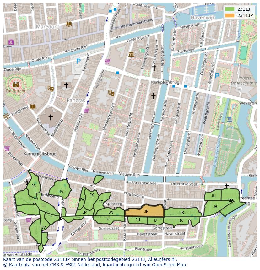 Afbeelding van het postcodegebied 2311 JP op de kaart.