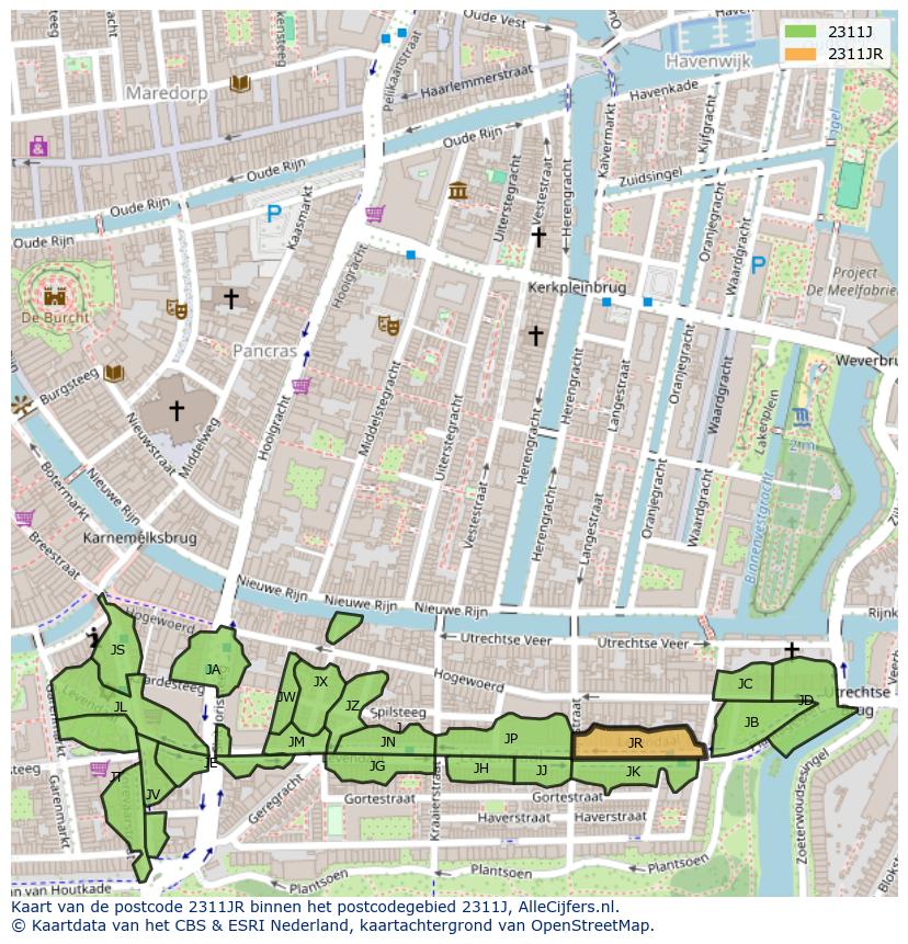 Afbeelding van het postcodegebied 2311 JR op de kaart.