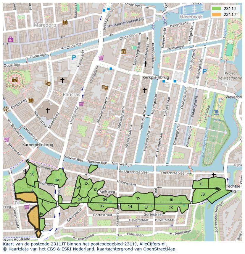 Afbeelding van het postcodegebied 2311 JT op de kaart.