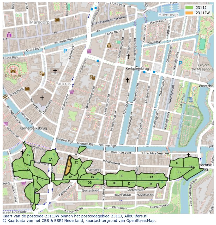 Afbeelding van het postcodegebied 2311 JW op de kaart.