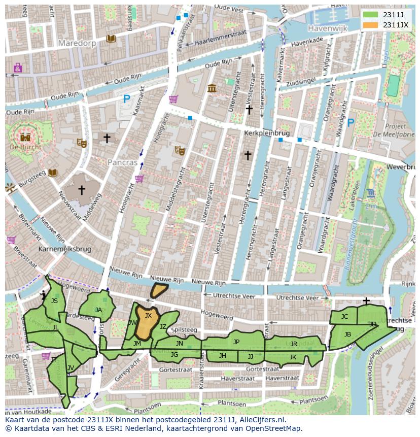 Afbeelding van het postcodegebied 2311 JX op de kaart.