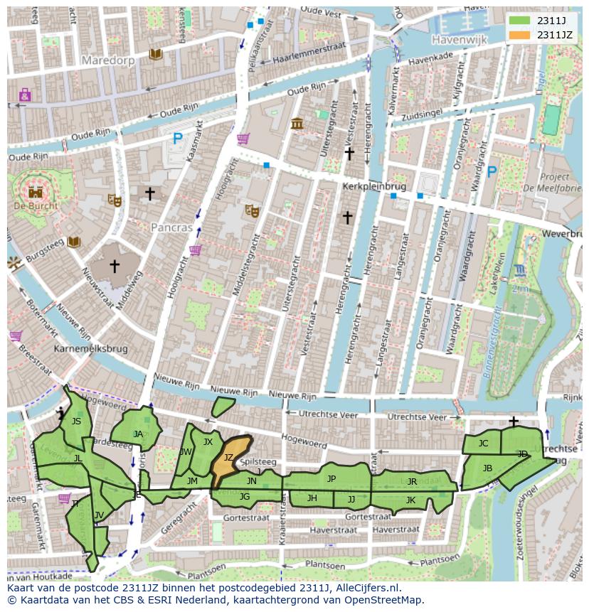 Afbeelding van het postcodegebied 2311 JZ op de kaart.