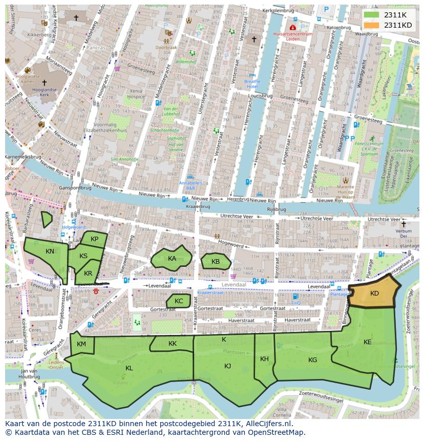 Afbeelding van het postcodegebied 2311 KD op de kaart.