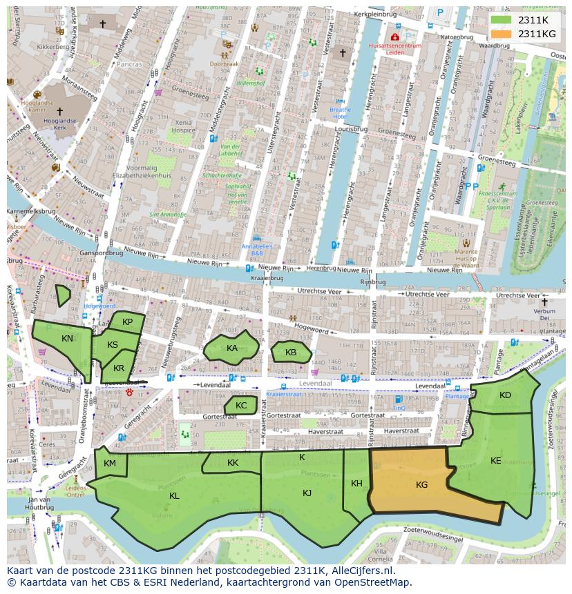 Afbeelding van het postcodegebied 2311 KG op de kaart.