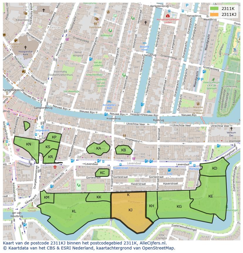Afbeelding van het postcodegebied 2311 KJ op de kaart.