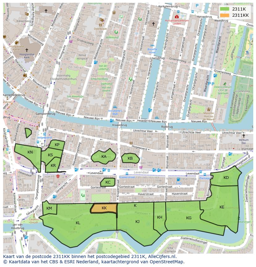 Afbeelding van het postcodegebied 2311 KK op de kaart.
