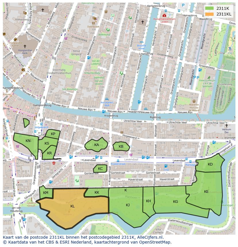 Afbeelding van het postcodegebied 2311 KL op de kaart.