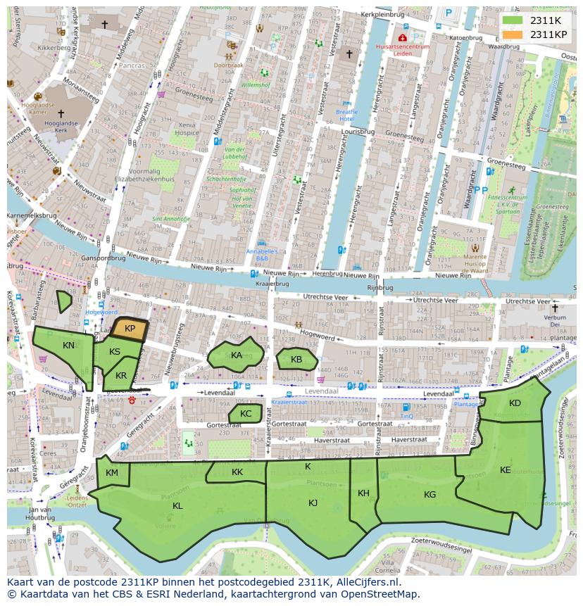 Afbeelding van het postcodegebied 2311 KP op de kaart.