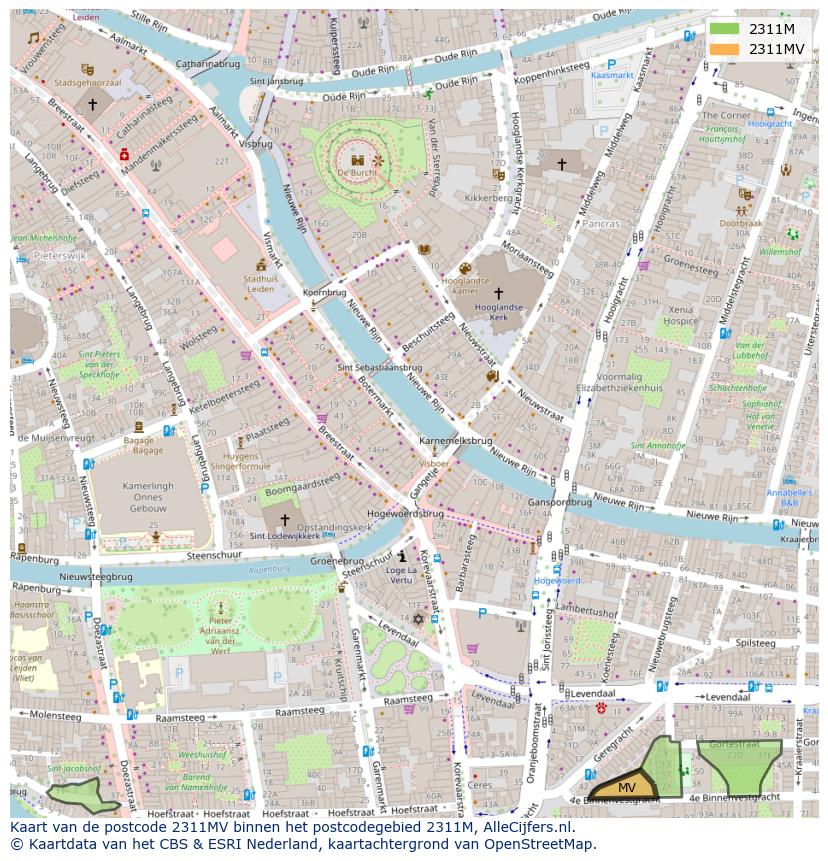 Afbeelding van het postcodegebied 2311 MV op de kaart.