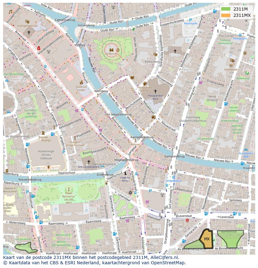 Afbeelding van het postcodegebied 2311 MX op de kaart.