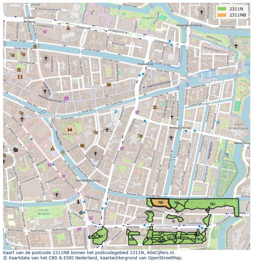 Afbeelding van het postcodegebied 2311 NB op de kaart.
