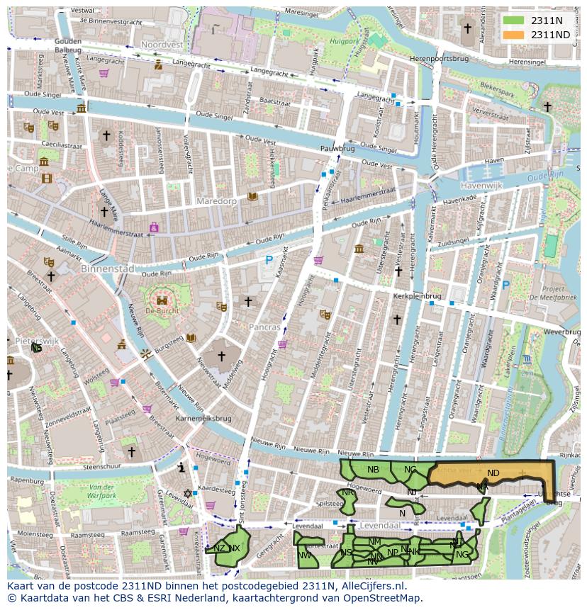 Afbeelding van het postcodegebied 2311 ND op de kaart.