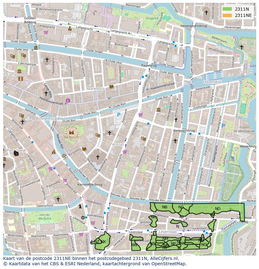 Afbeelding van het postcodegebied 2311 NE op de kaart.