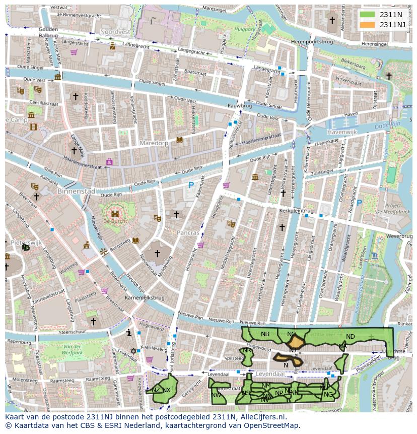 Afbeelding van het postcodegebied 2311 NJ op de kaart.