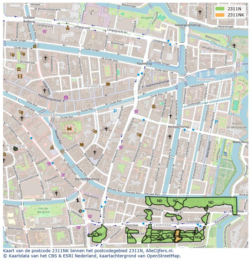 Afbeelding van het postcodegebied 2311 NK op de kaart.